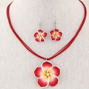 Tropical Red Plumeria Flower Necklace & Earring Set